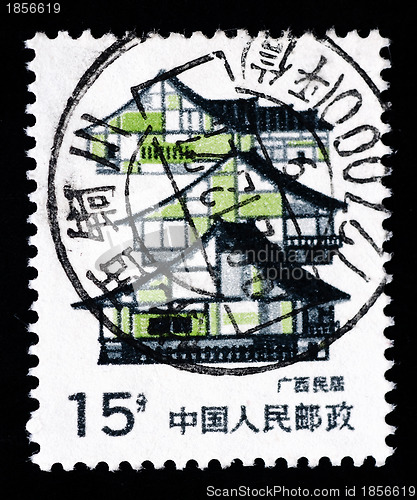 Image of Stamp printed in China shows local dwelling in Guangxi