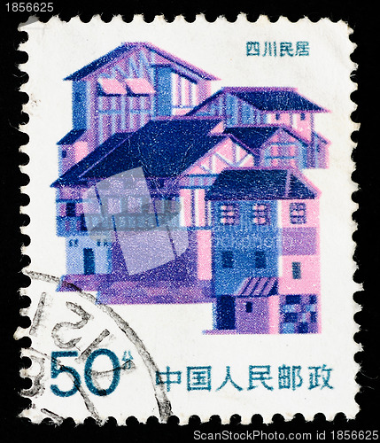 Image of Stamp printed in China shows local dwelling in Sichuan