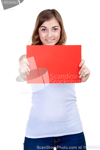 Image of Beautiful girl with a red sheet of paper winks