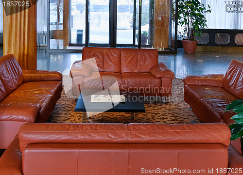 Image of lobby with leather sofas