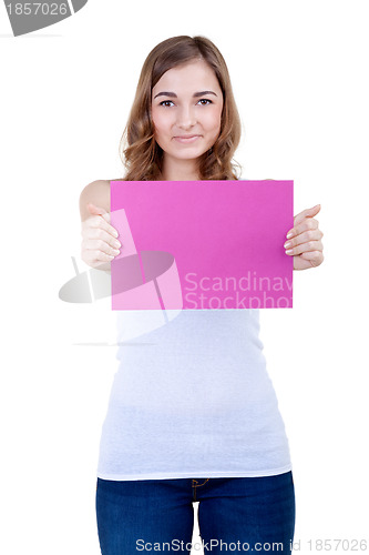 Image of Beautiful girl with a pink sheet of paper winks