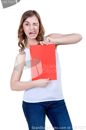 Image of Beautiful girl with a red sheet of paper winks