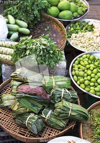 Image of Vegetables and food stall in a Market,Burma
