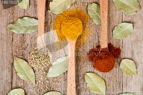 Image of pices in wooden spoons and bay leaves