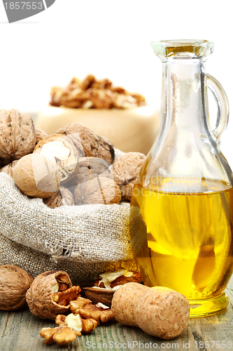 Image of Walnut oil  and nuts in a bag.