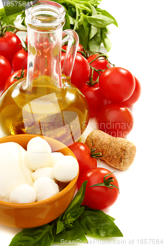 Image of Cheese, olive oil, tomatoes and basil.