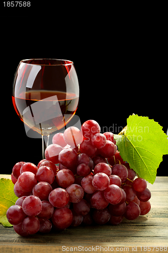 Image of Bunch of grapes and glass of wine.