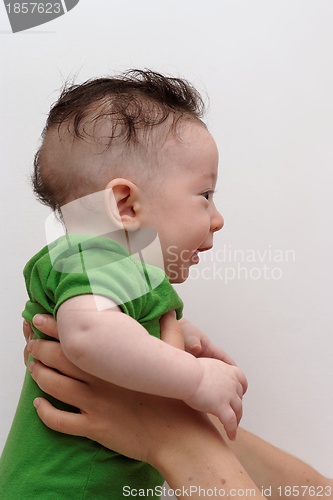 Image of Cute smiling baby held by his mother profile view