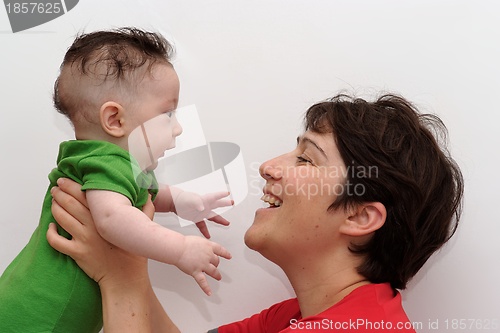 Image of Cute baby held by his smiling mother profile view 
