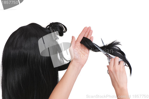 Image of hairdresser cutting young woman