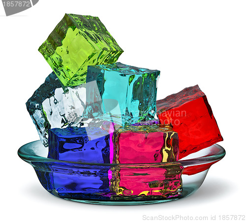 Image of Different colored cube jellies in a glass plate