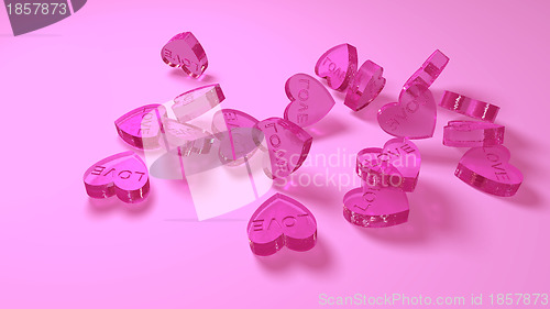 Image of pink glass hearts as a symbol of great love