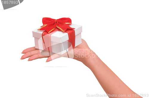 Image of white box with red bow as a gift