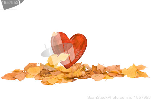 Image of heart in the pile of autumn yellow leaves