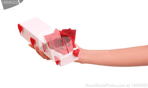 Image of white box with hearts and red rose