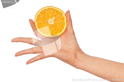 Image of orange in the woman's hand