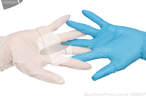 Image of doctor put blue and white sterilized medical glove