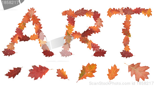 Image of word art made of autumn leaves as a button