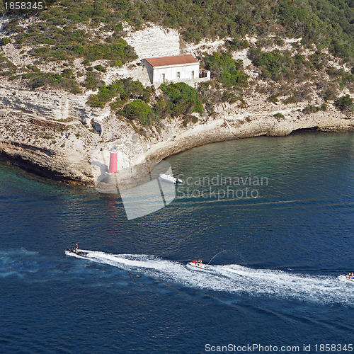 Image of Bonifacio bay, August 2012, jetski heading out of the bay