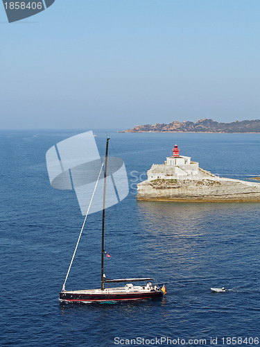 Image of Bonifacio august 2012, sailboat leaving the bay