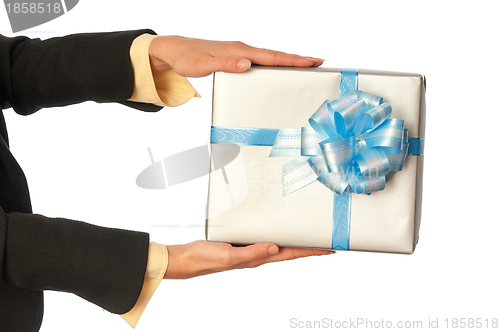 Image of grey box with blue bow as a gift