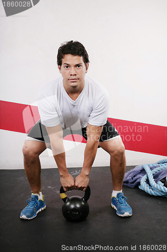 Image of Young man Lifting Crossfit Kettle Bell