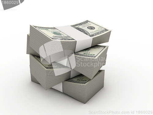 Image of wads of dollars. 3d image. Isolated white background. 