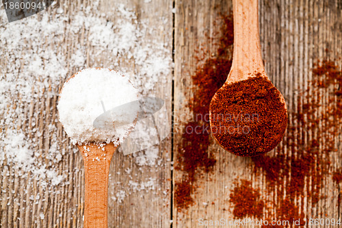 Image of ground red pepper and cooking salt in wooden spoons 