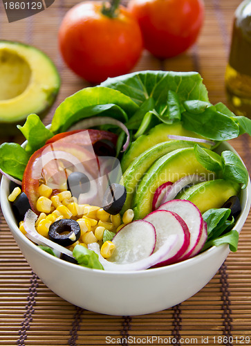 Image of Avocado with sweetcorn and olive salad