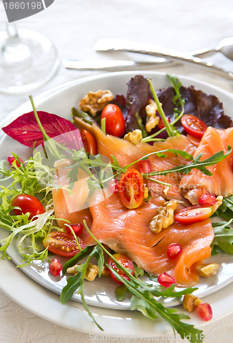 Image of Smoked salmon with pomegranate and walnut salad