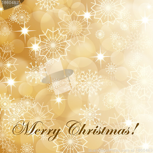 Image of Gold christmas background with white snowflakes and fireworks, EPS10