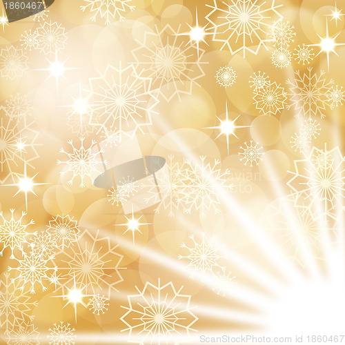 Image of Gold christmas background with white snowflakes and fireworks, EPS10
