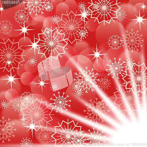 Image of Red christmas background with white snowflakes and fireworks, EPS10 