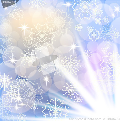 Image of Christmas background with white snowflakes and fireworks