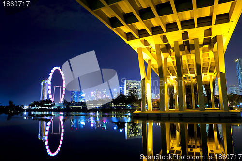 Image of Singapore skyline at night with Bridge