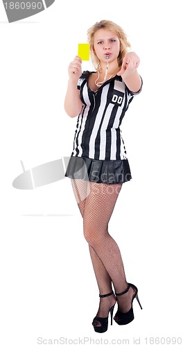 Image of Sexy Soccer Referee with yellow card