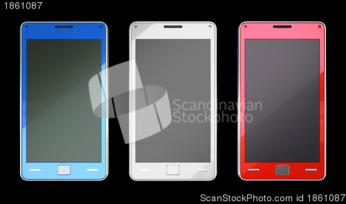 Image of Smart phones in red blue and white colours over black 