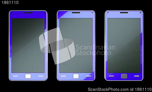 Image of Three smart phones in blue colour over black