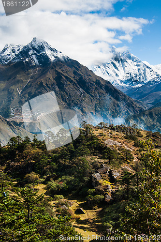 Image of Lhotse, Lhotse shar peaks village and forest in Himalayas