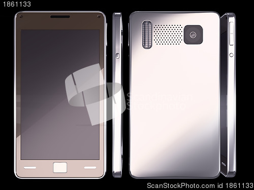 Image of Smart phone: front, side and rear views on black