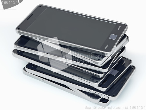 Image of Heap of smart phones over white