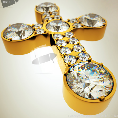 Image of Wide angle view of golden cross with diamonds