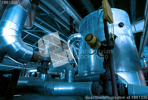 Image of Industrial zone, Steel pipelines and cables in blue tones