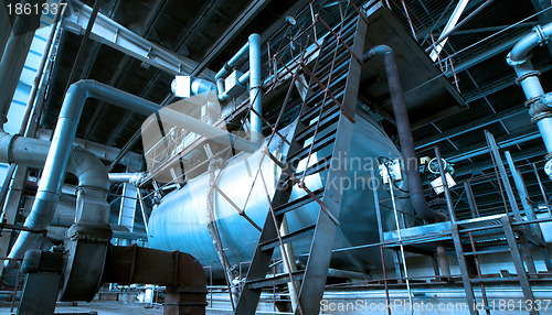 Image of Industrial zone, Steel pipelines and cables in blue tones