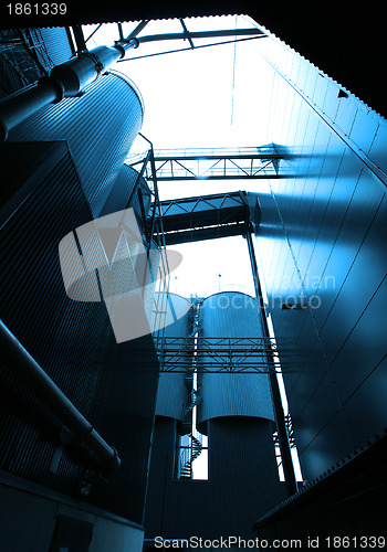 Image of Industrial zone, Steel pipelines and cables in blue tones