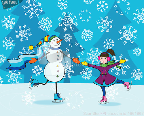 Image of Girl with snowman skating