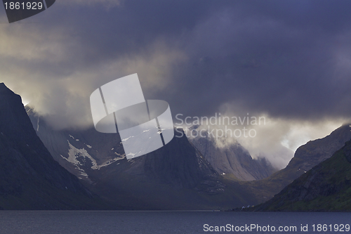 Image of Fjord in heavy clouds