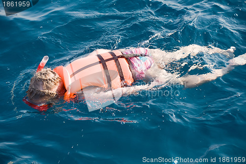 Image of little girl swimming in diving mask