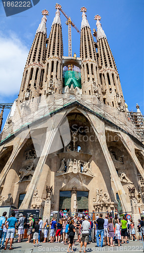 Image of Tourists in Front of Sagrada Familia in Barcelona