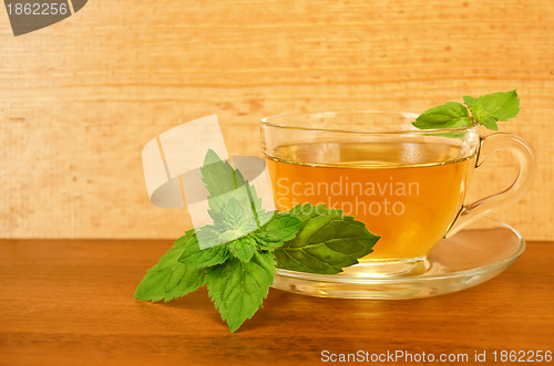 Image of Herbal tea in a glass cup with mint on a wooden board